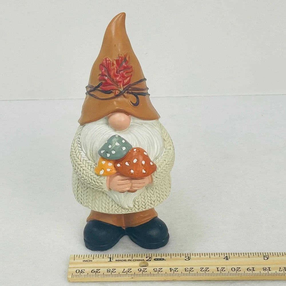 Fall Gnome Figurine Autumn Decor Cable Knit Sweater Mushrooms Brown Hat 6.5 Inch
